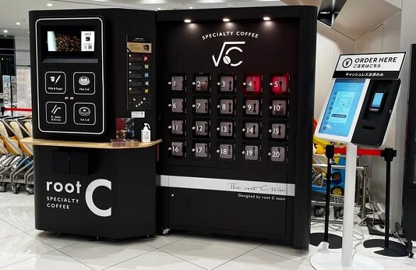 設置したAIカフェロボット「root C」（左）とオーダー端末「root C KIOSK」