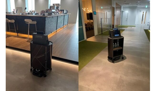 0618qibitech1 「KAWARUBA」のカフェカウンターから会議室に搬送を行う配膳ロボット