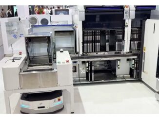 スタンダートロボティクスのAMR「Oasis-300E」が、FUJIの実装機「NXTR Aモデル」に部品補給用マガジンを搬送するデモ（productronica China 2025）