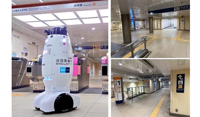 0905tokyometro 自律移動型警備ロボット「SQ-2」(左)と、実証場所の東京メトロ銀座線外苑前駅コンコース
