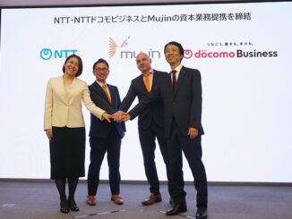 （左から）爪長美菜子・NTT執行役員、滝野一征・Mujin CEO、ロセン・デアンコウ・Mujin共同創業者、山下克典・NTTドコモビジネス執行役員ビジネスソリューション本部ソリューションサービス部長（提供：NTT）