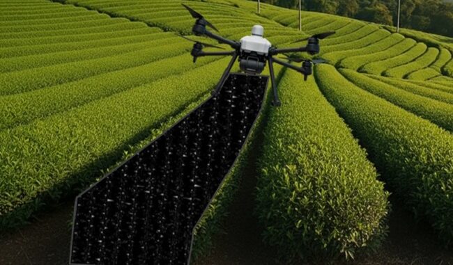 ドローンによる茶園の被覆作業自動化イメージ