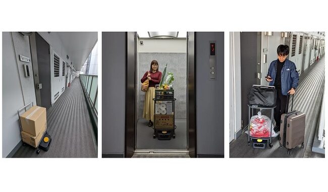 （左）部屋への宅配物の搬送（中）エレベーターと連携し、ロボットが住人の買い物荷物を部屋まで自律搬送（右）部屋からロビーへの荷物運搬サポート