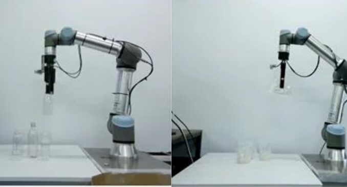 新技術を搭載したロボットが透明袋把入り物体を把持する様子（左）と光沢物体を把持する様子