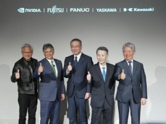 （左から）ジェンスン・ファン・エヌビディアCEO、時田隆仁・富士通社長、山口賢治・ファナック社長、小川昌寛・安川電機副会長執行役員、橋本康彦・川崎重工社長